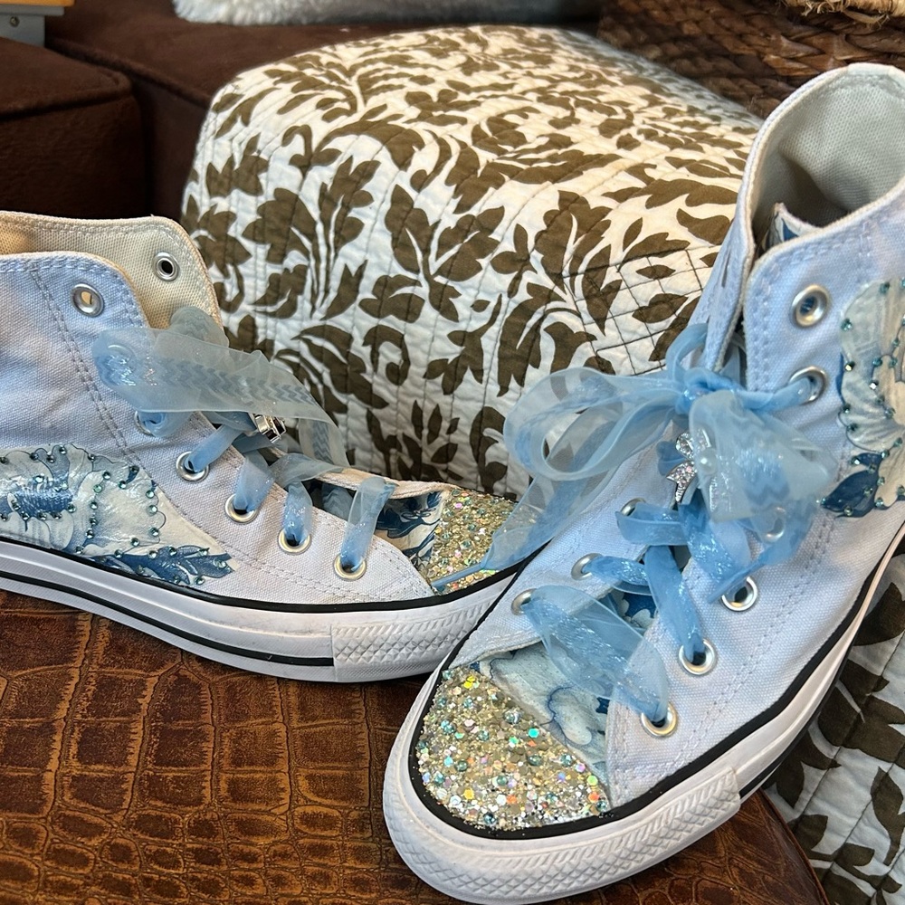 Light Blue Glitter High-Top Sneakers with Ribbon Laces